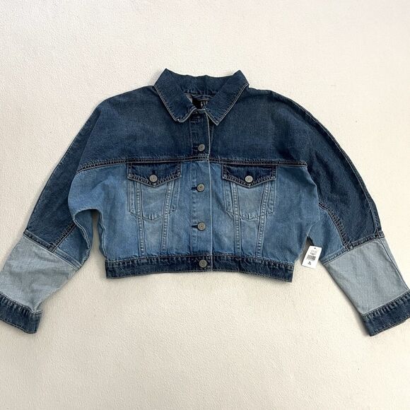 NWT Gap Kids Teen Girls Dolman Cropped Blue Color Block Denim Jean Jacket 12 XL - Picture 1 of 11